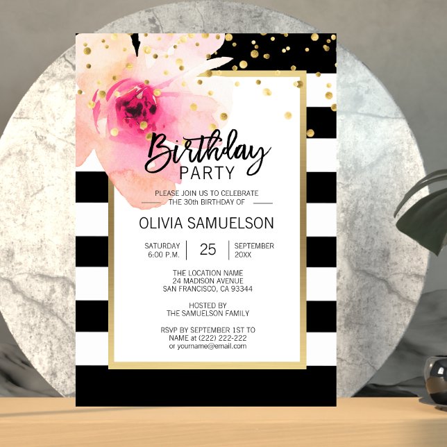 Black White Watercolor Pink Floral Birthday Party Invitation (Creator Uploaded)
