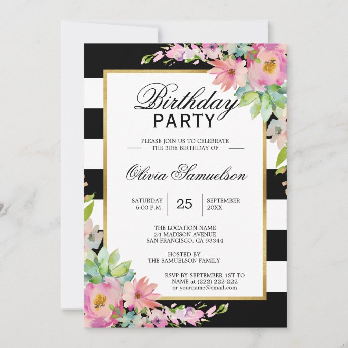 Black White Watercolor Pink Floral Birthday Party Invitation