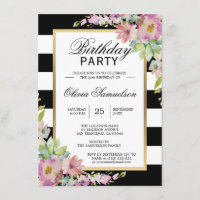 Black White Watercolor Pink Floral Birthday Party