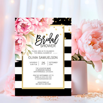 Black White Watercolor Pink Floral Bridal Shower Invitation by UniqueWeddingShop at Zazzle