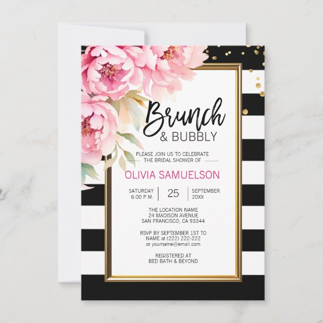Black White Watercolor Pink Floral Brunch & Bubbly Invitation (Front)