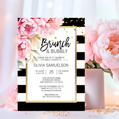 Black White Watercolor Pink Floral Brunch  Bubbly Invitation