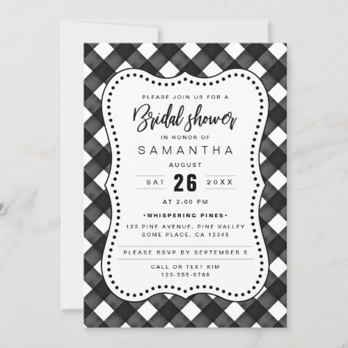 Black  White Watercolor Plaid Bridal Shower Invitation