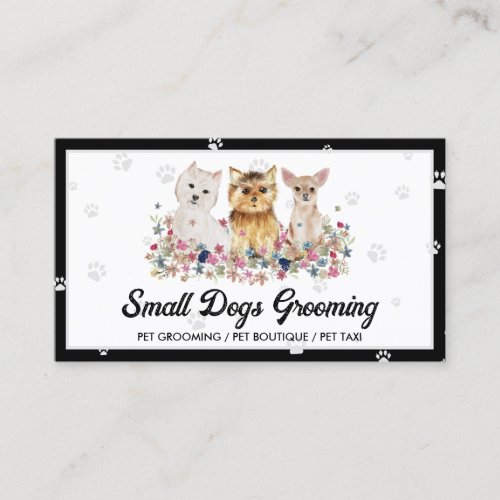Black White Watercolor Small Dogs Paw Pet Sitter Business Card