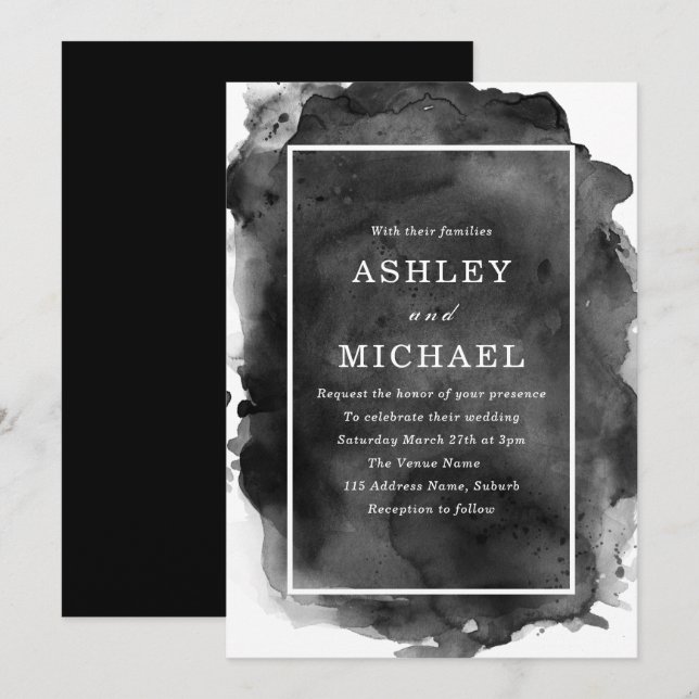 Black & White Watercolor Splash Modern Wedding Invitation (Front/Back)