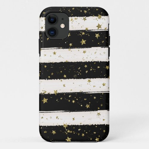 Black White Watercolor Stripes Gold Glitter Stars iPhone 11 Case