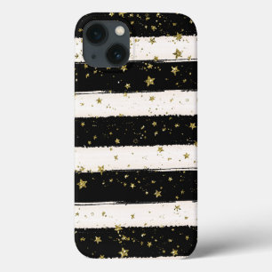 Black White Watercolor Stripes Gold Glitter Stars iPhone 13 Case