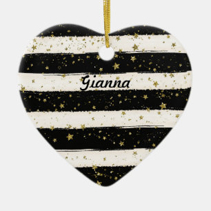 Black White Watercolor Stripes Gold Glitter Stars Ceramic Ornament