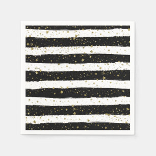 Black White Watercolor Stripes Gold Glitter Stars Paper Napkins