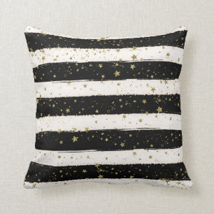 Black White Watercolor Stripes Gold Glitter Stars Throw Pillow