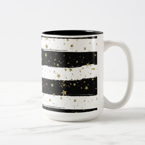 Black White Watercolor Stripes Gold Glitter Stars Two_Tone Coffee Mug