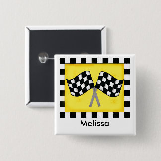 Black White Waving Checkered Flag Name Badge Button