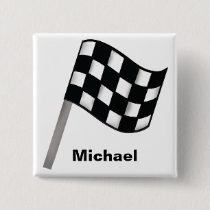 Black White Waving Checkered Flag Name Badge Button
