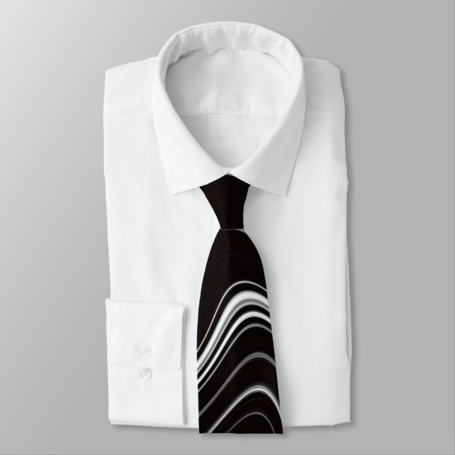 Black & White Wavy Abstraction Neck Tie (Tied)