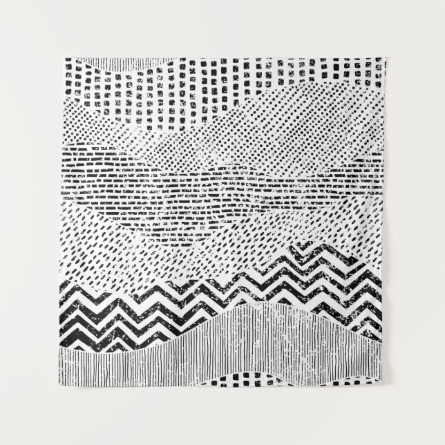 Black White Wavy Patchwork Ornament Tapestry (Front)