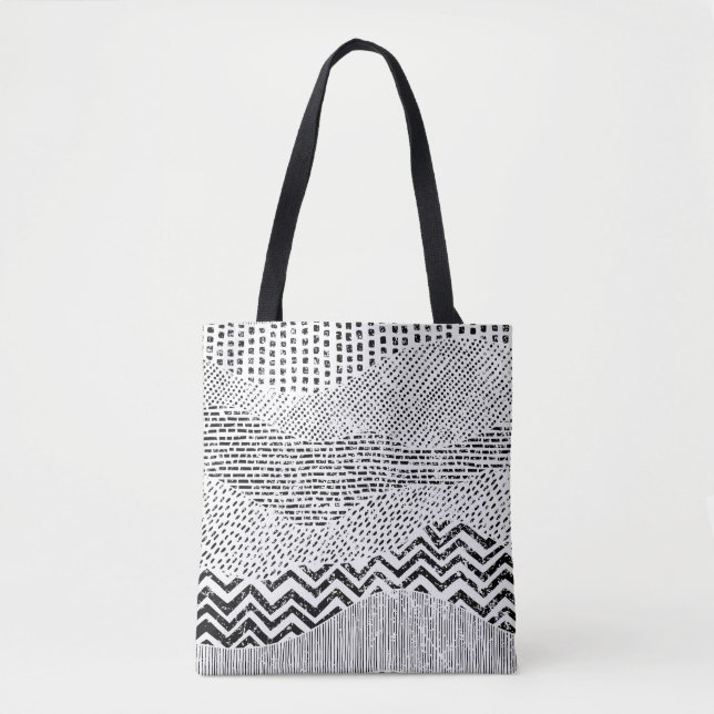 Black White Wavy Patchwork Ornament Tote Bag (Front)