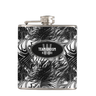 Black White Wavy Pattern Groomsmen Gift Flask
