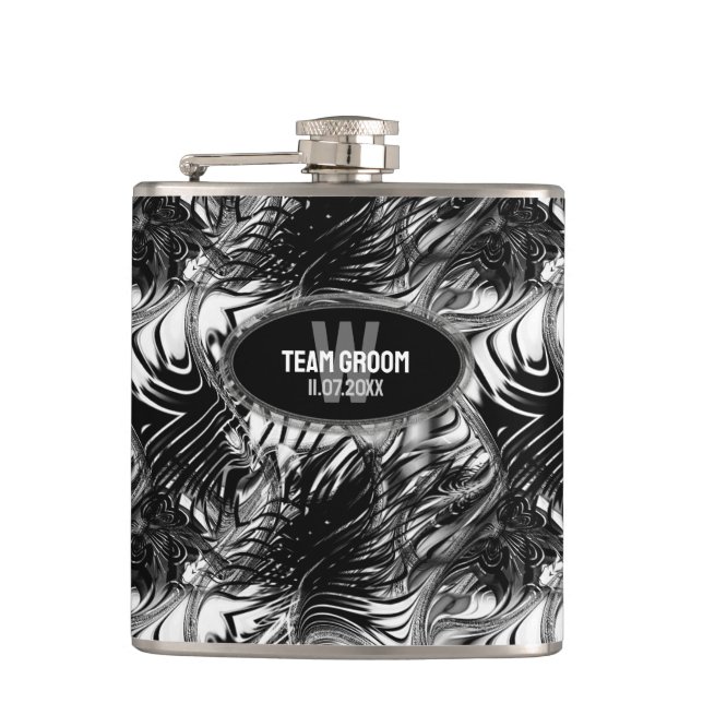 Black White Wavy Pattern Groomsmen Gift Flask (Front)
