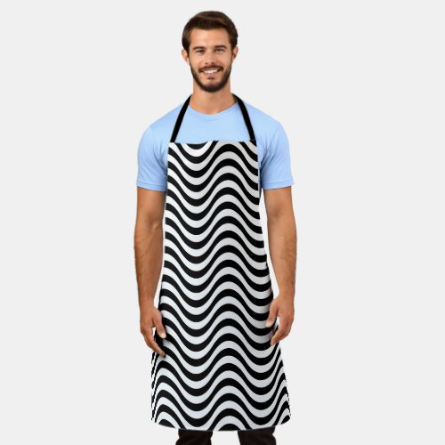 Black White Wavy Stripes All Over Print Large Apron