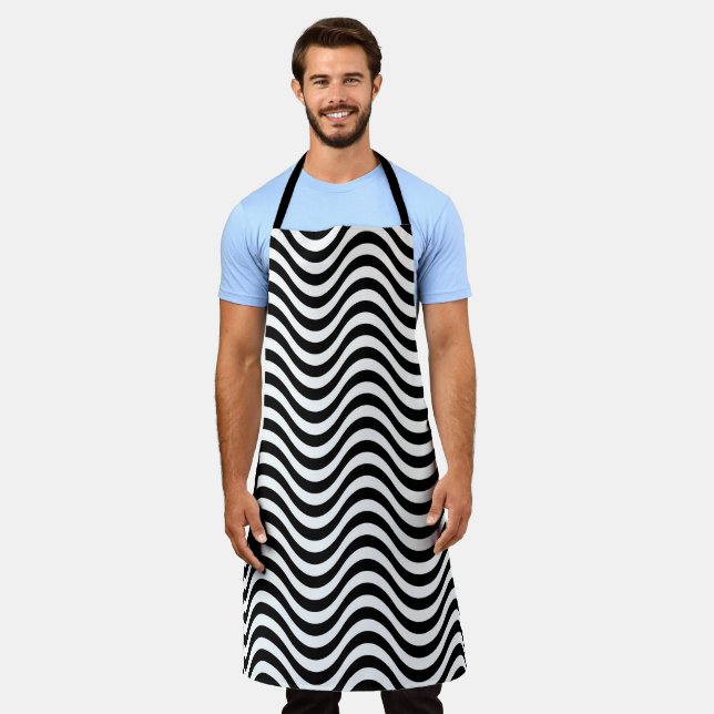 Black White Wavy Stripes All Over Print Large Apron (Worn)