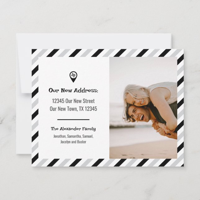 Black & White We Have Moved Striped Moving Photo (Back)