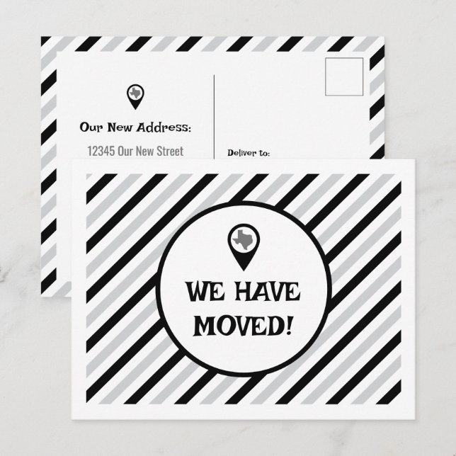 Black & White We Have Moved Striped Moving  Postcard (Front/Back)
