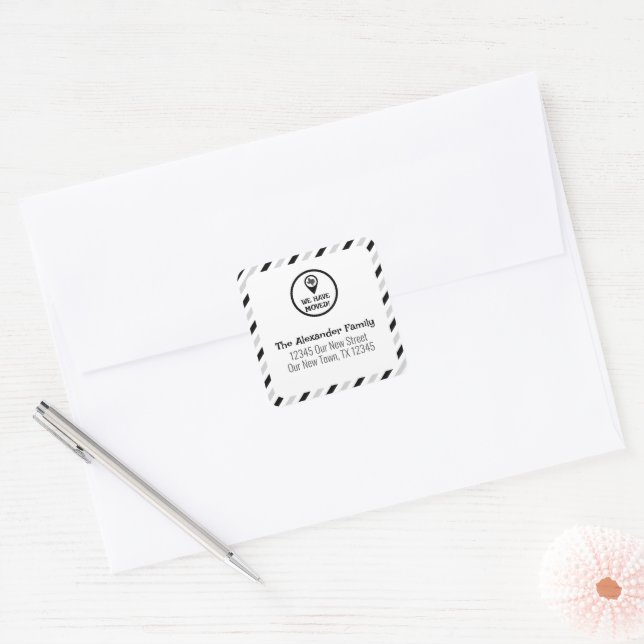 Black & White We Have Moved Striped Moving  Square Sticker (Envelope)