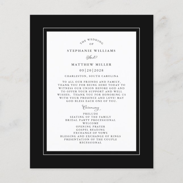 Black & White Wedding Ceremony Chic Budget Program (Front)