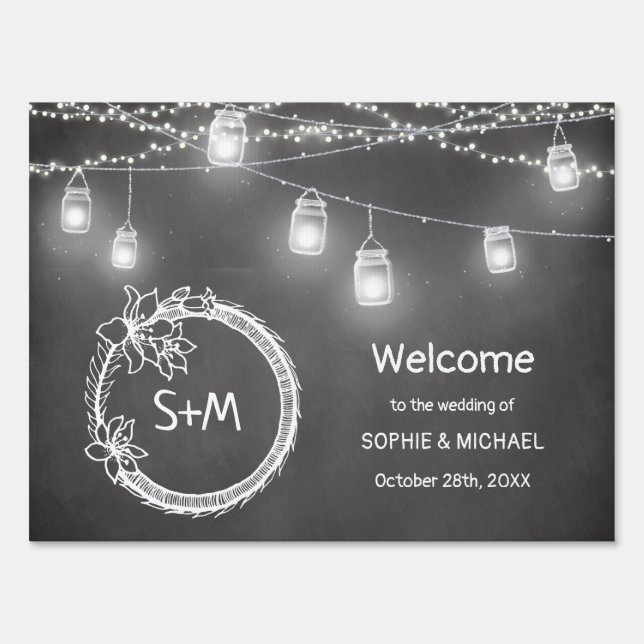 Black White Wedding Chalkboard Mason Jar Yard Sign (Front)
