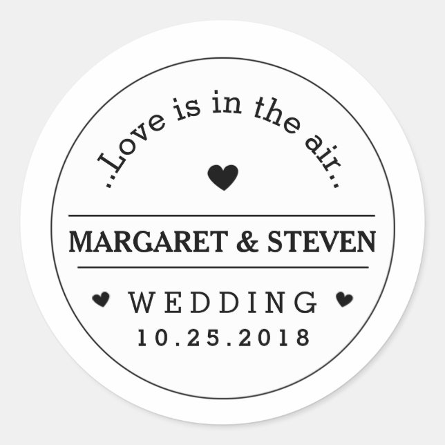 Black & White Wedding Custom Names & Date Round Classic Round Sticker (Front)