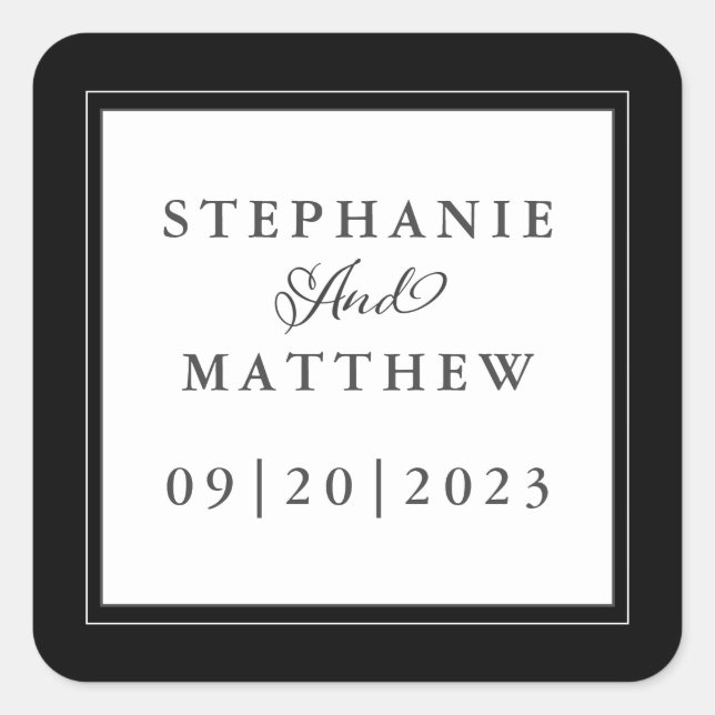 Black White Wedding Elegant Calligraphy Chic Frame Square Sticker (Front)