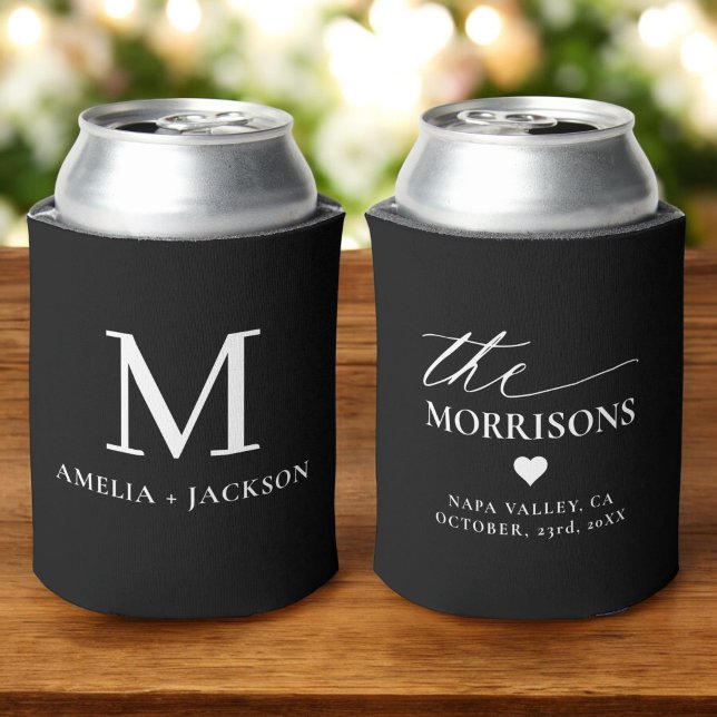 Black White Wedding Favor Monogram Name Heart Can Cooler (Creator Uploaded)