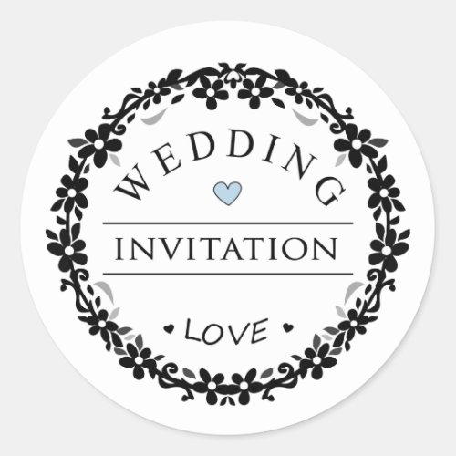 Black  White Wedding Invitation Blue Heart Round Classic Round Sticker