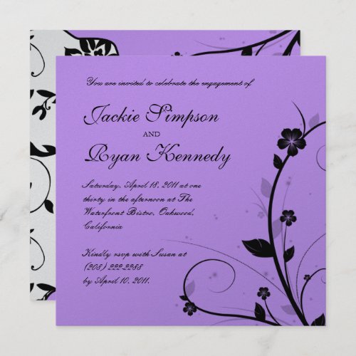 Black White Wedding Invite Floral Purple Silver