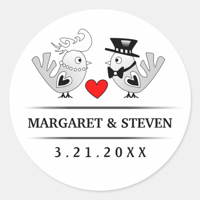 Black & White Wedding Love Birds Red Heart Classic Round Sticker (Front)