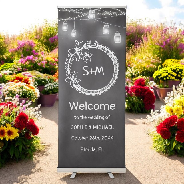 Black White Wedding Mason Jar String Lights  Retractable Banner (Creator Uploaded)