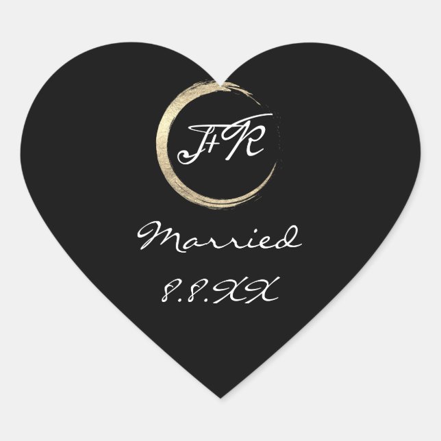 Black White Wedding Monogram Gold Save The Date Heart Sticker (Front)
