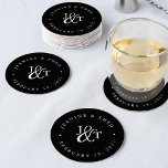 Black & White Wedding Monogram Round Paper Coaster<br><div class="desc">Solid black coasters for your wedding cocktail hour or reception feature your initials worked into a monogram design,  joined by a decorative script ampersand. Your names and wedding date appear in white lettering,  curved around the outside. Designed to coordinate with our Ampersand Monogram wedding invitation collection.</div>