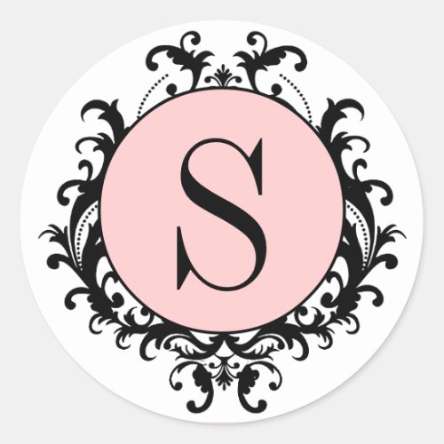 Black White Wedding Monogram S Damask Pink Label