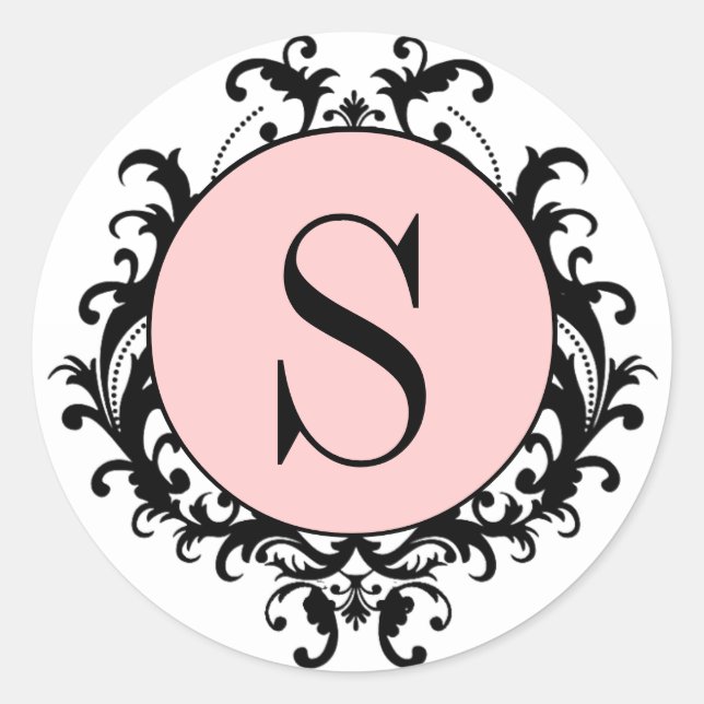 Black White Wedding Monogram S Damask Pink Label (Front)
