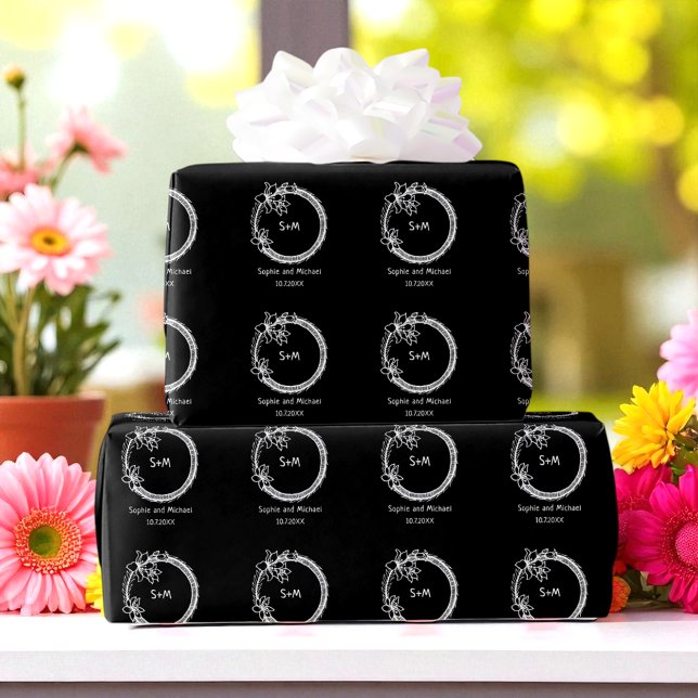 Black White Wedding Monogram  Wrapping Paper (Creator Uploaded)