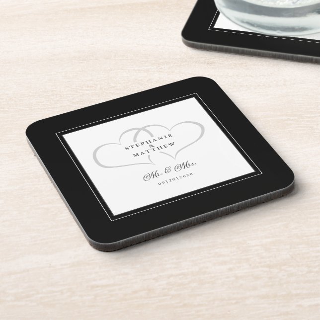Black & White Wedding Mr & Mrs Elegant Chic Hearts Beverage Coaster (Left Side)