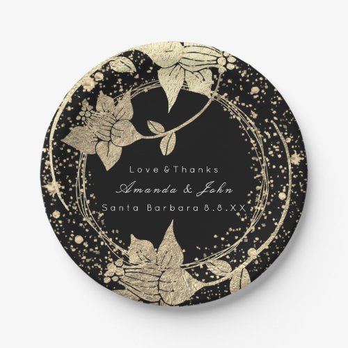 Black White Wedding Party Gold Floral Wreath Paper Plates