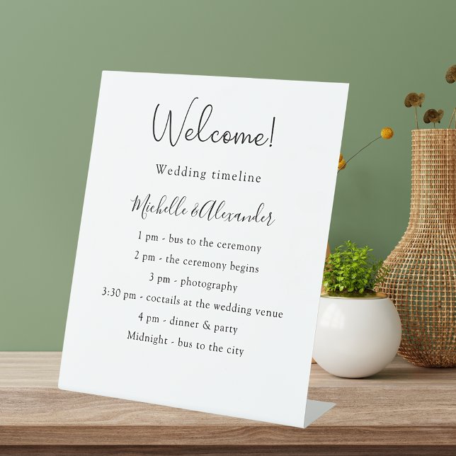Black white wedding program details pedestal sign (Creator Uploaded)