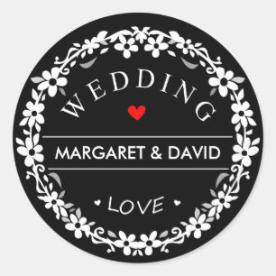 Black & White Wedding Red Heart Names Love Label