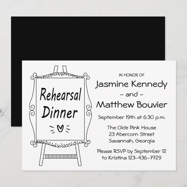 Black & White Wedding Rehearsal Dinner Easel Sign Invitation (Front/Back)