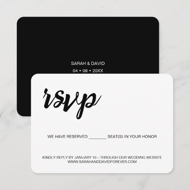 Black white wedding reserved seats wedding website RSVP card (Front/Back)