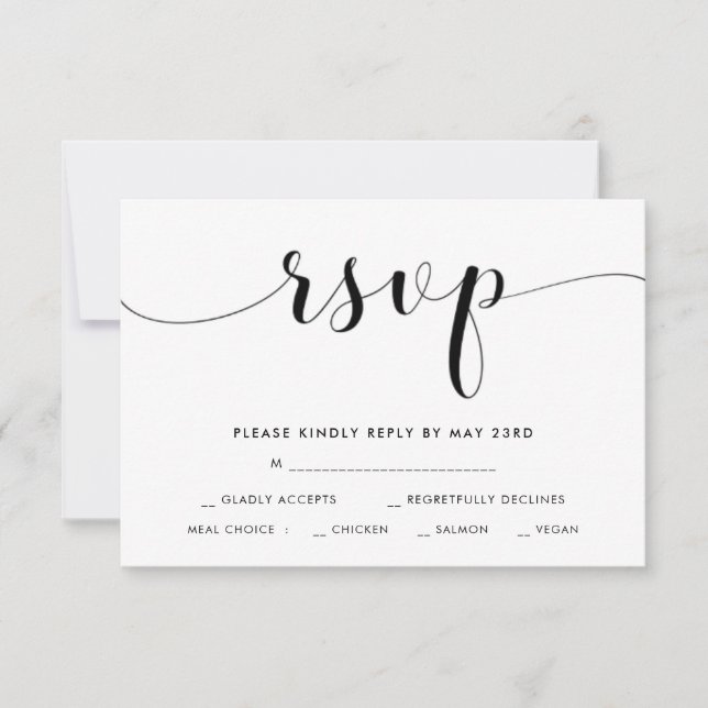 Black & white wedding RSVP card with meal choice (Front)