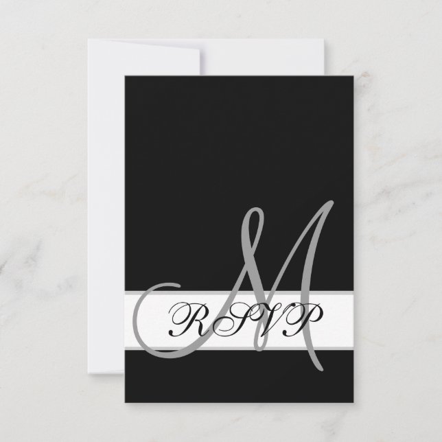 Black White Wedding RSVP Card with Monogram (Front)