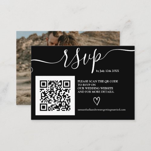 Black white wedding rsvp Qr code photo Enclosure Card